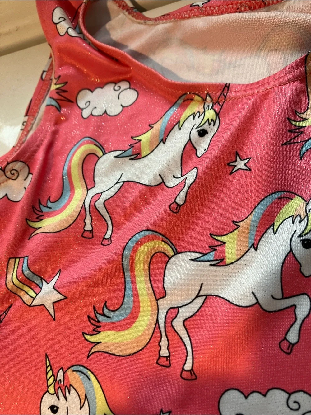 Girls gymnastic unitard sparkle pink rainbow unicorn youth XS
